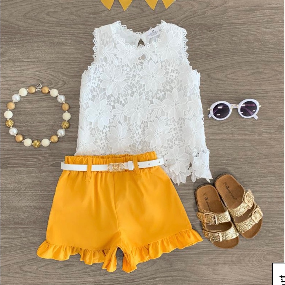 New White floral lace mustard short set